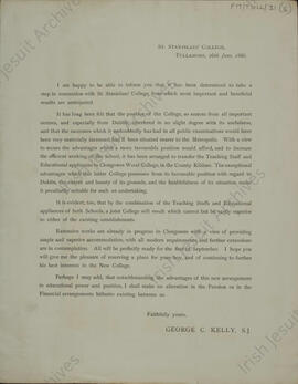 Circular to parents re amalgamation with Clongowes Wood College